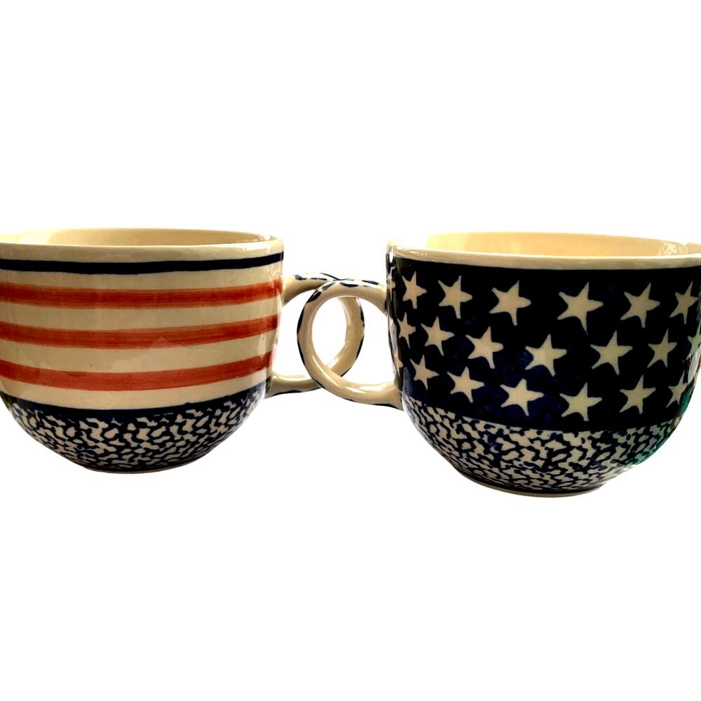STONEWARE SET 2  BUBBLE MUGS HANDMADE  BOLESLAWIEC, POLAND "STARS & STRIPES"S"